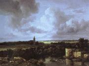 an extensive landscape with a ruined castle and a village church